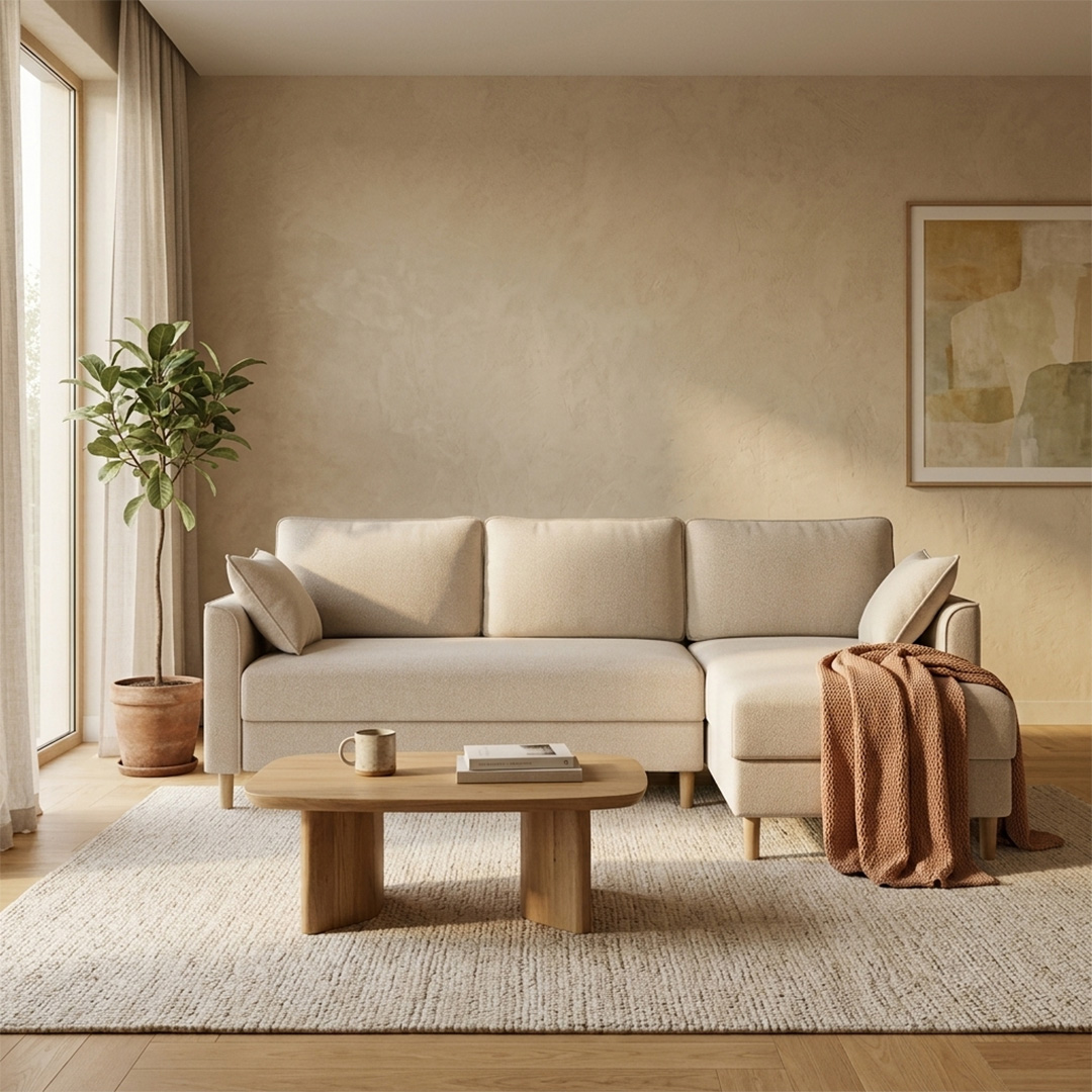 Eckschlafsofa in Beige mit Schlaffunktion & Stauraum
