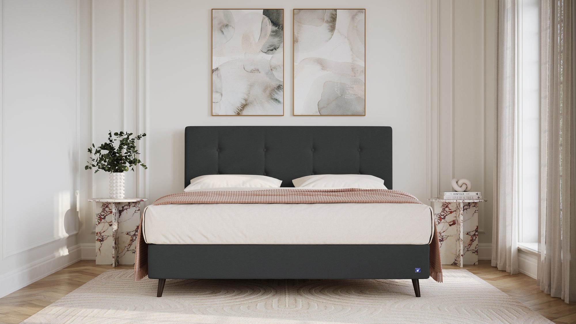 Boxspringbett Prestige von Bruno – in Anthrazit, Opus-Kopfteil, Füße aus Espresso-Buche