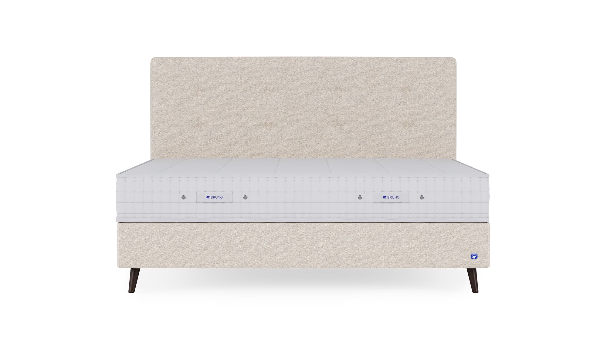 Boxspringbett Prestige von Bruno – in Glory Soft Beige, Opus-Kopfteil, Füße aus Espresso-Buche