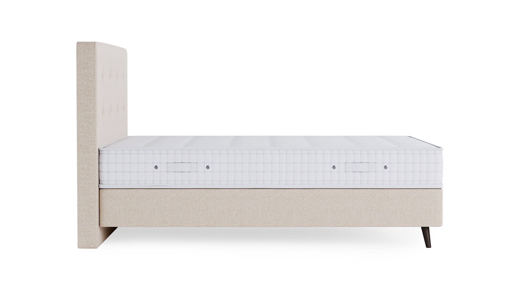 Boxspringbett Prestige von Bruno – in Glory Soft Beige, Opus-Kopfteil, Füße aus Espresso-Buche