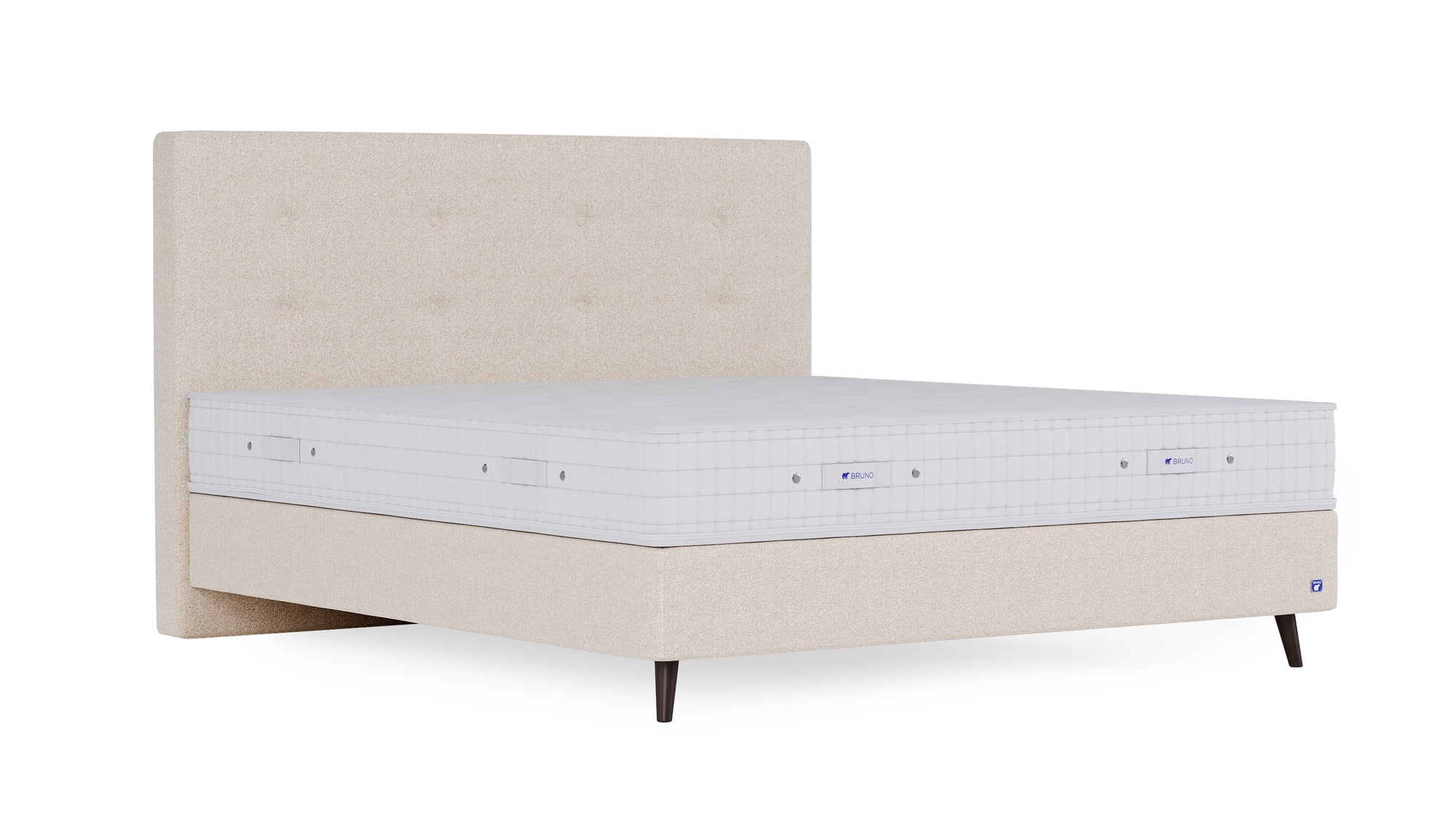 Boxspringbett Prestige von Bruno – in Glory Soft Beige, Opus-Kopfteil, Füße aus Espresso-Buche