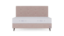 Boxspringbett Prestige von Bruno – in Glory Blush, Opus-Kopfteil, Füße aus Espresso-Buche