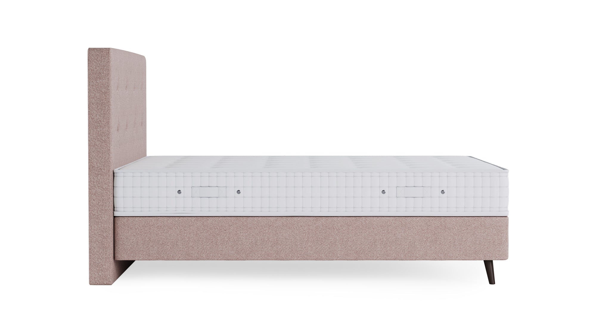 Boxspringbett Prestige von Bruno – in Glory Blush, Opus-Kopfteil, Füße aus Espresso-Buche