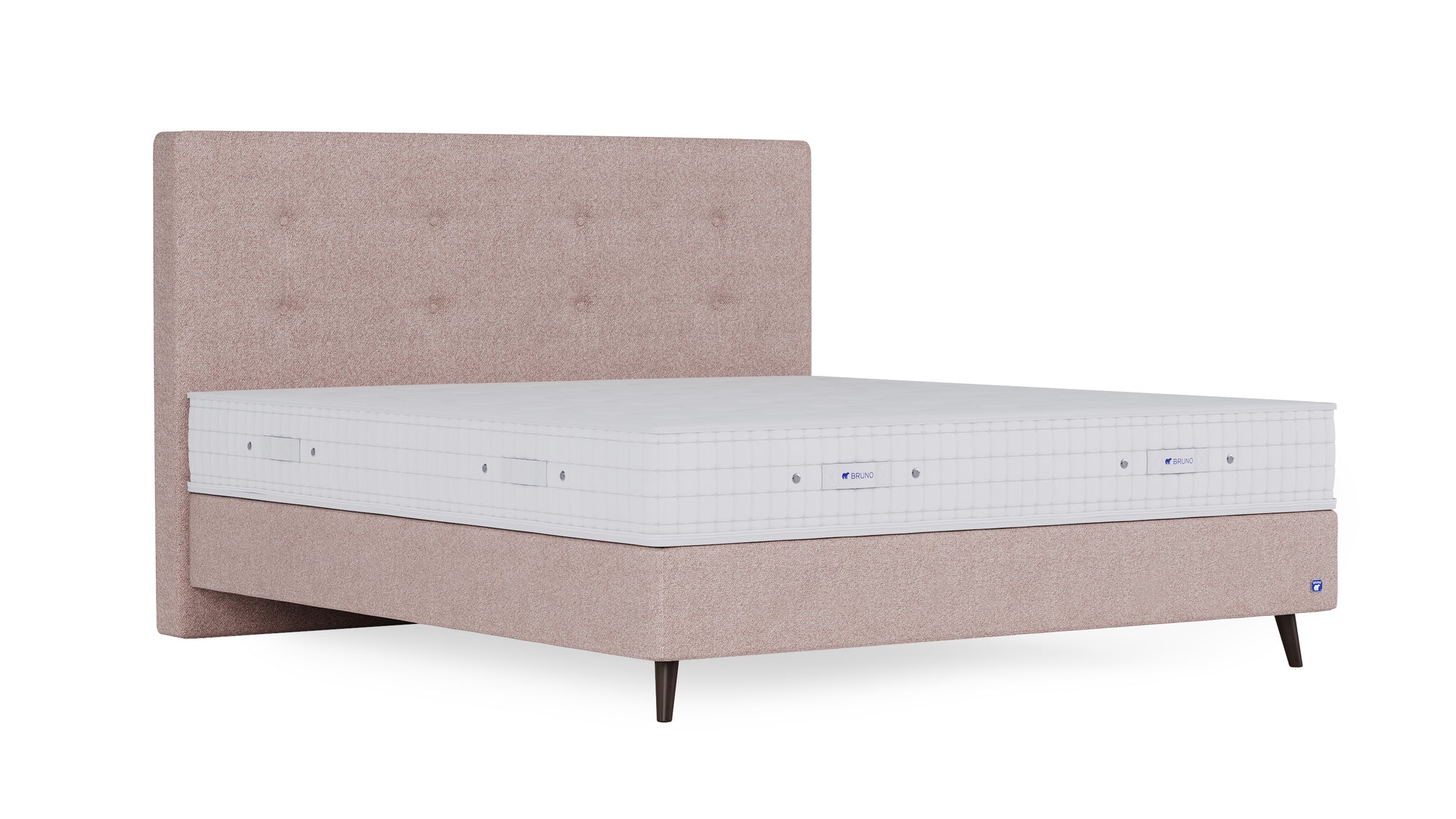 Boxspringbett Prestige von Bruno – in Glory Blush, Opus-Kopfteil, Füße aus Espresso-Buche