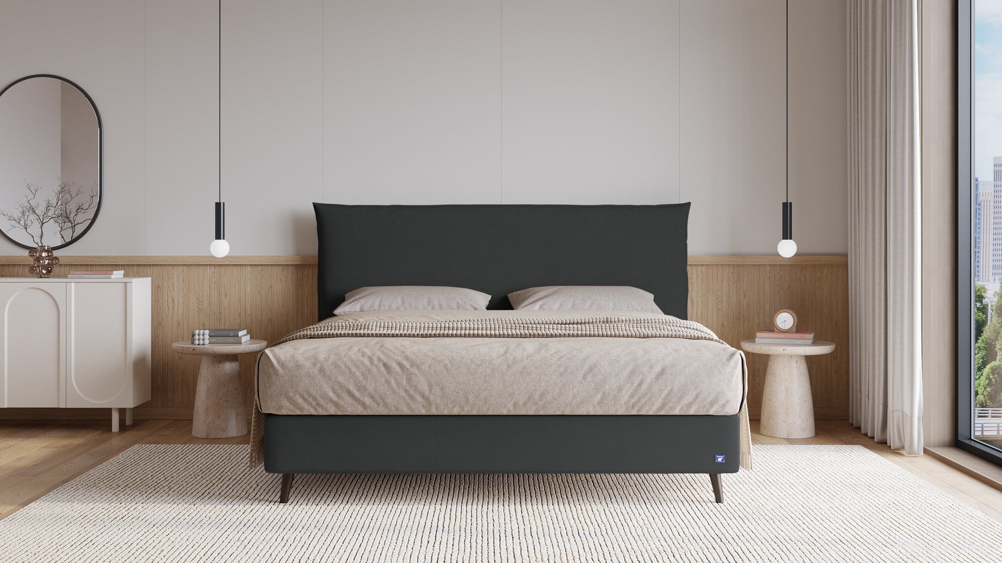 Boxspringbett Prestige von Bruno – in Anthrazit, Pillow-Kopfteil, Füße aus Espresso-Buche