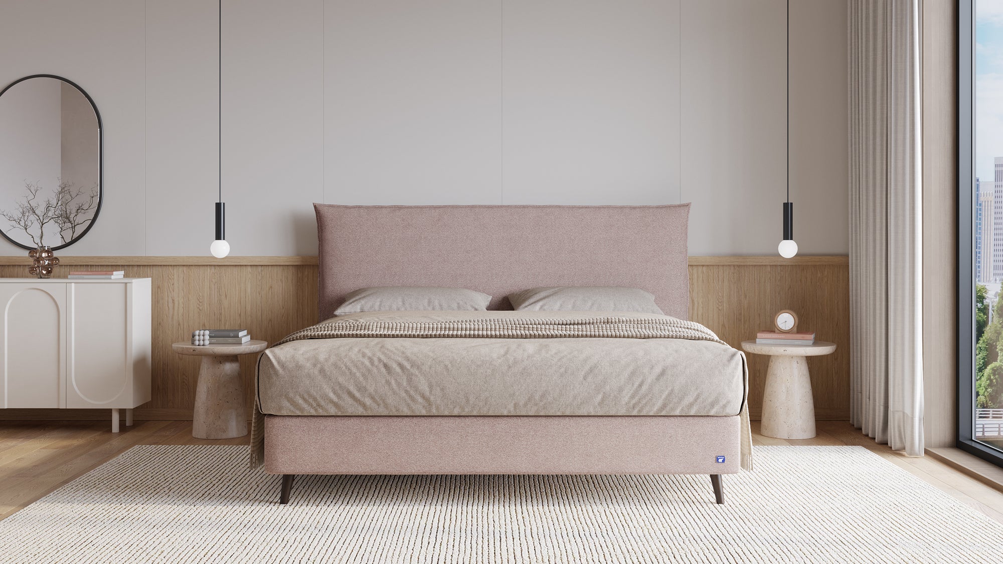 Boxspringbett Prestige von Bruno – in Glory Blush, Pillow-Kopfteil, Füße aus Espresso-Buche