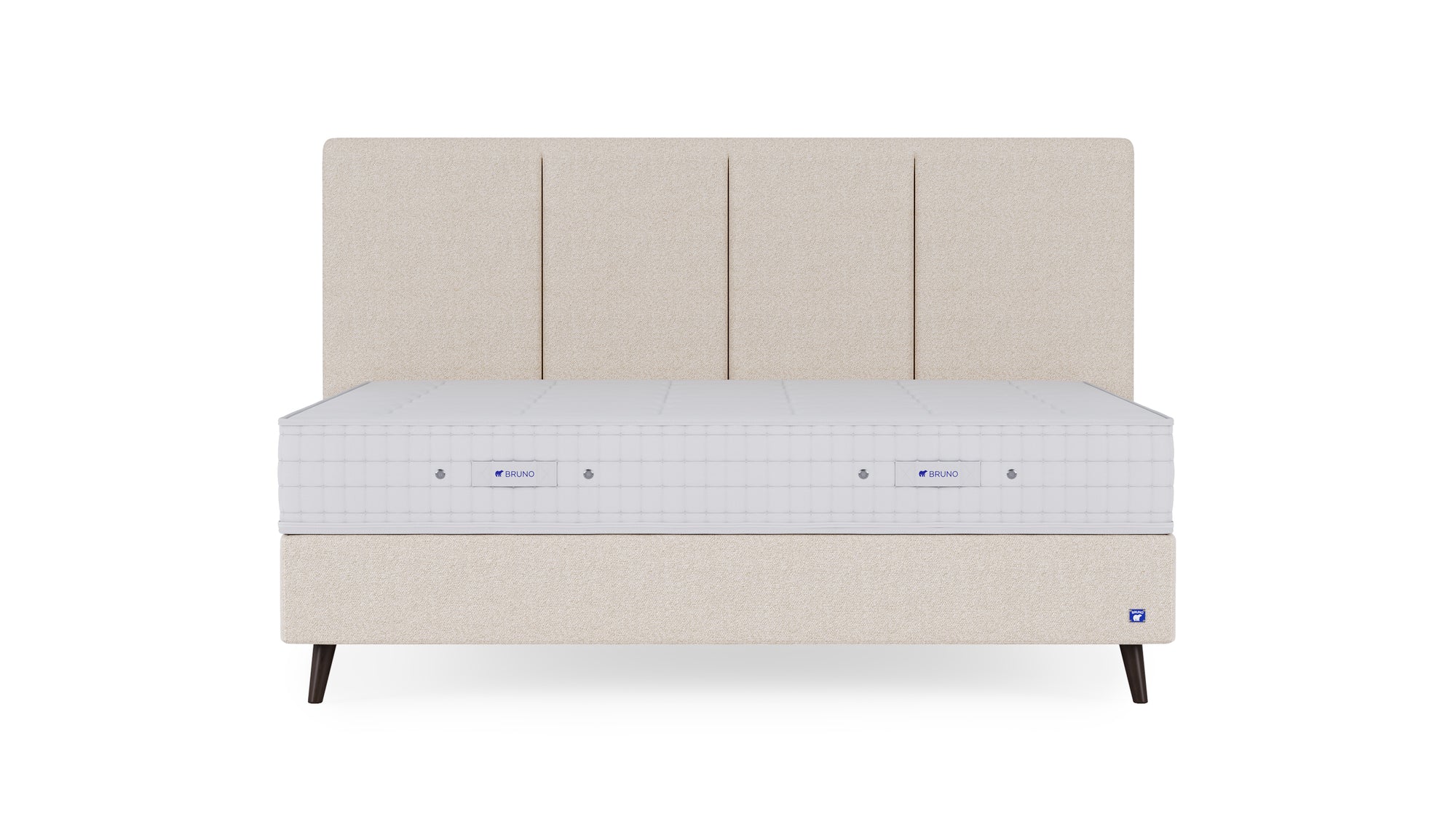 Boxspringbett Prestige von Bruno – in Glory Soft Beige, Vertica-Kopfteil, Füße aus Espresso-Buche