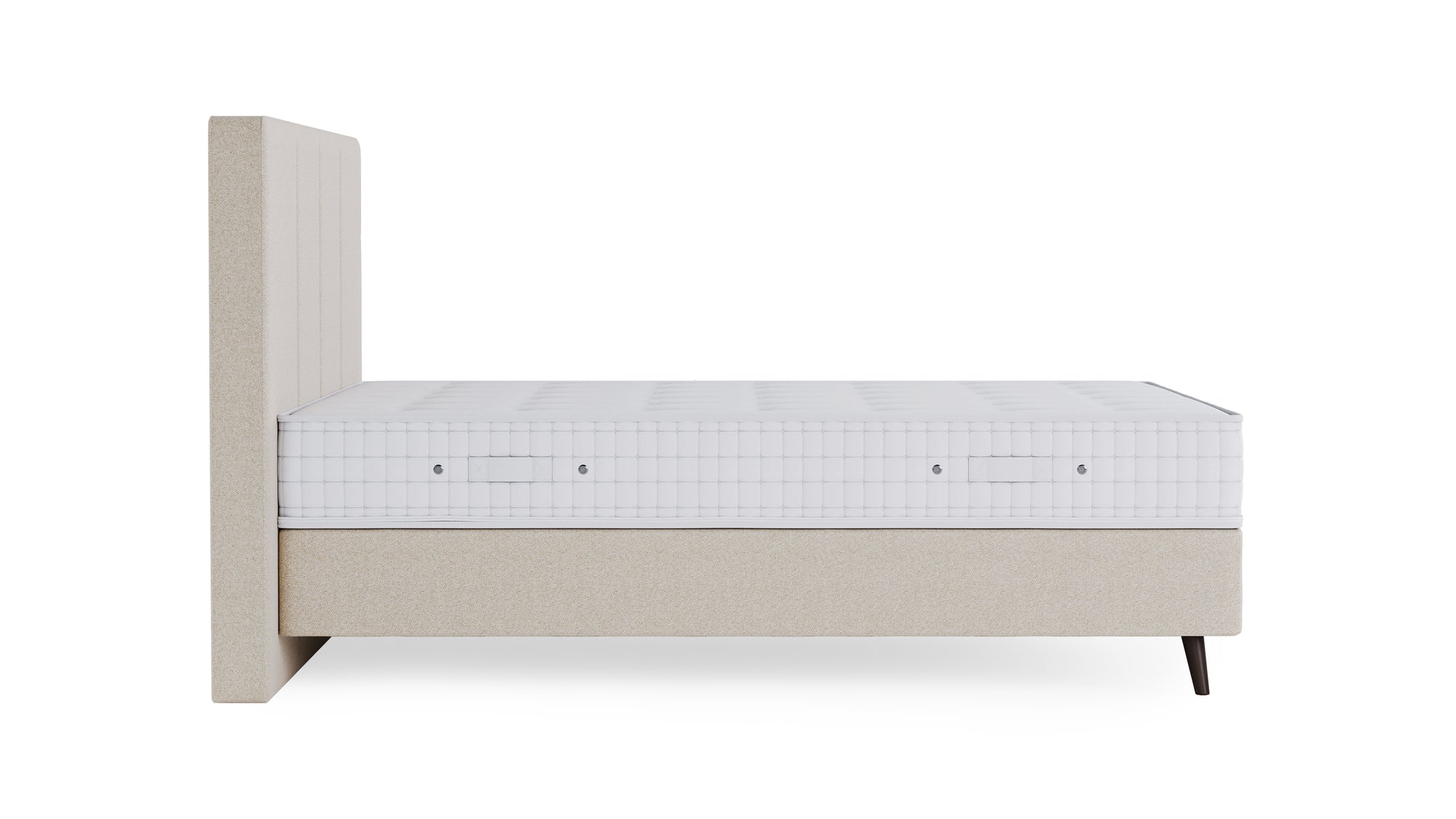 Boxspringbett Prestige von Bruno – in Glory Soft Beige, Vertica-Kopfteil, Füße aus Espresso-Buche
