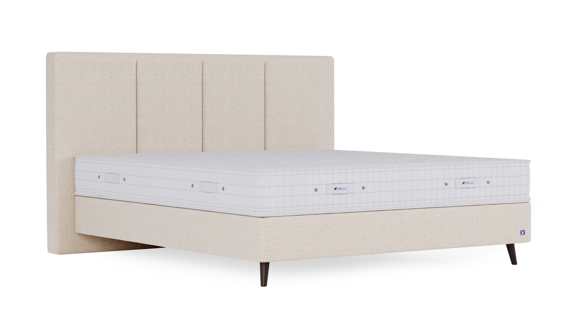 Boxspringbett Prestige von Bruno – in Glory Soft Beige, Vertica-Kopfteil, Füße aus Espresso-Buche
