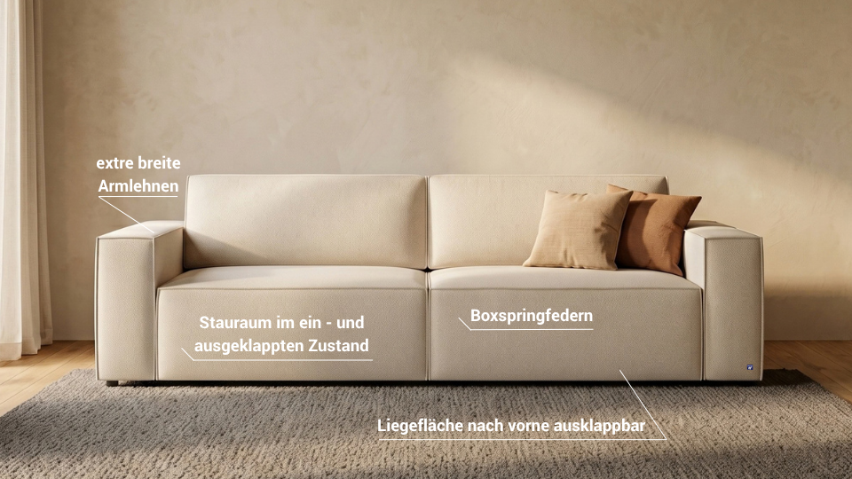LOUNGE Schlafsofa in Glory Soft Beige | Querschläfer mit Stauraum & Gästebett I BRUNO®