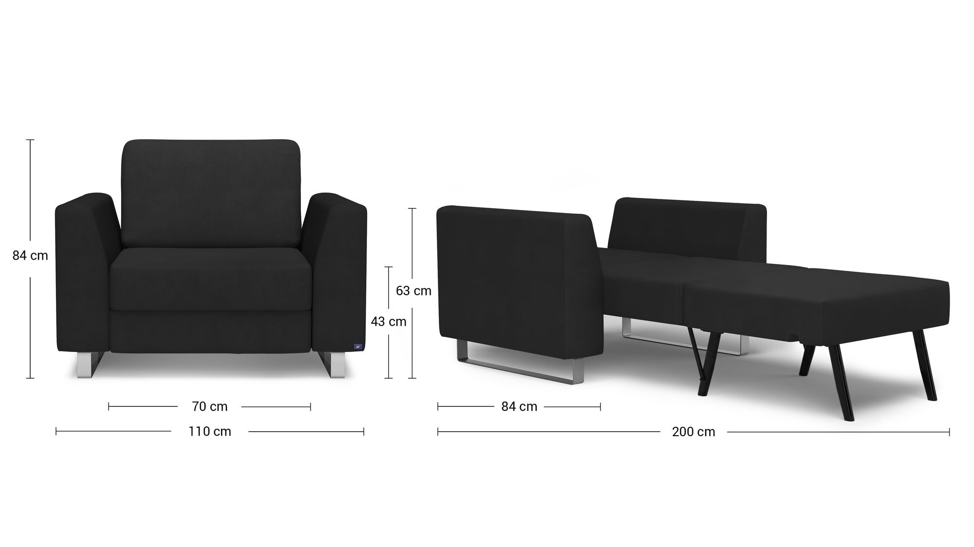 Schlafsessel von Bruno – in Anthrazit, Klassik-Armlehnen, Metallfüße, mit Schlaffunktion