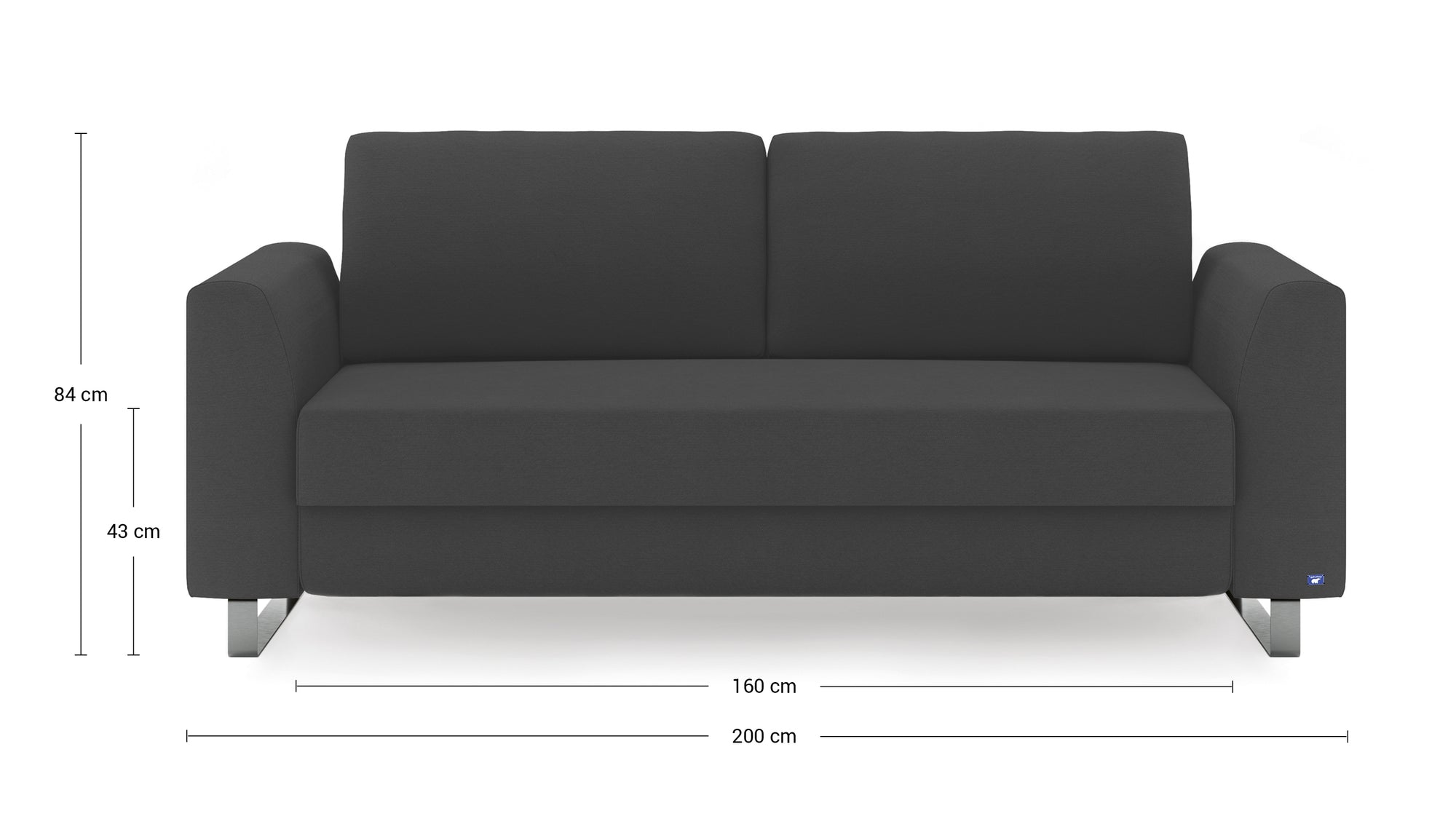 Schlafsofa von Bruno – 160 cm, in Anthrazit, Klassik-Armlehnen, Metallfüße