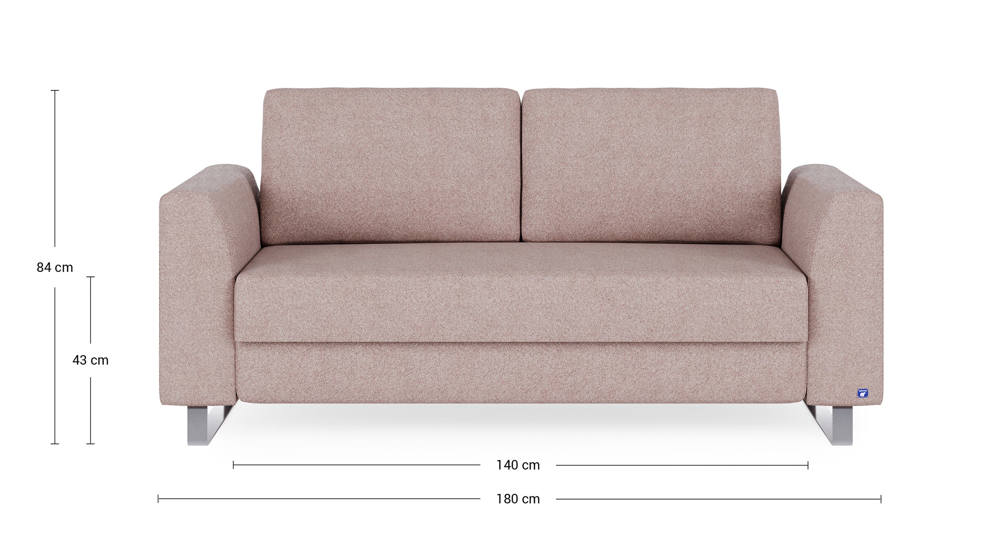 Schlafsofa von Bruno – 140 cm, in Glory Blush, Klassik-Armlehnen, Metallfüße