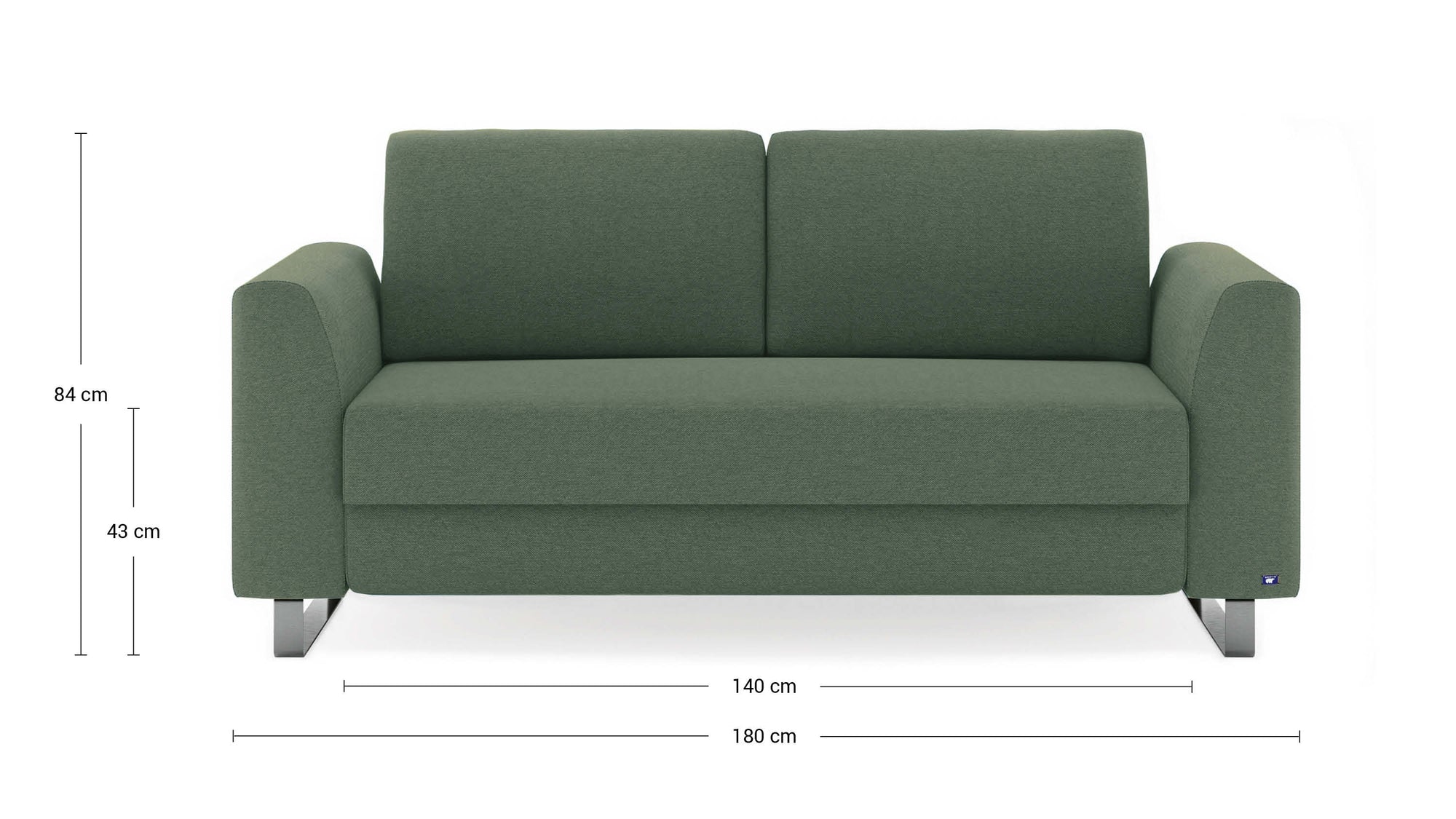 Schlafsofa von Bruno – 140 cm, in Grün, Klassik-Armlehnen, Metallfüße