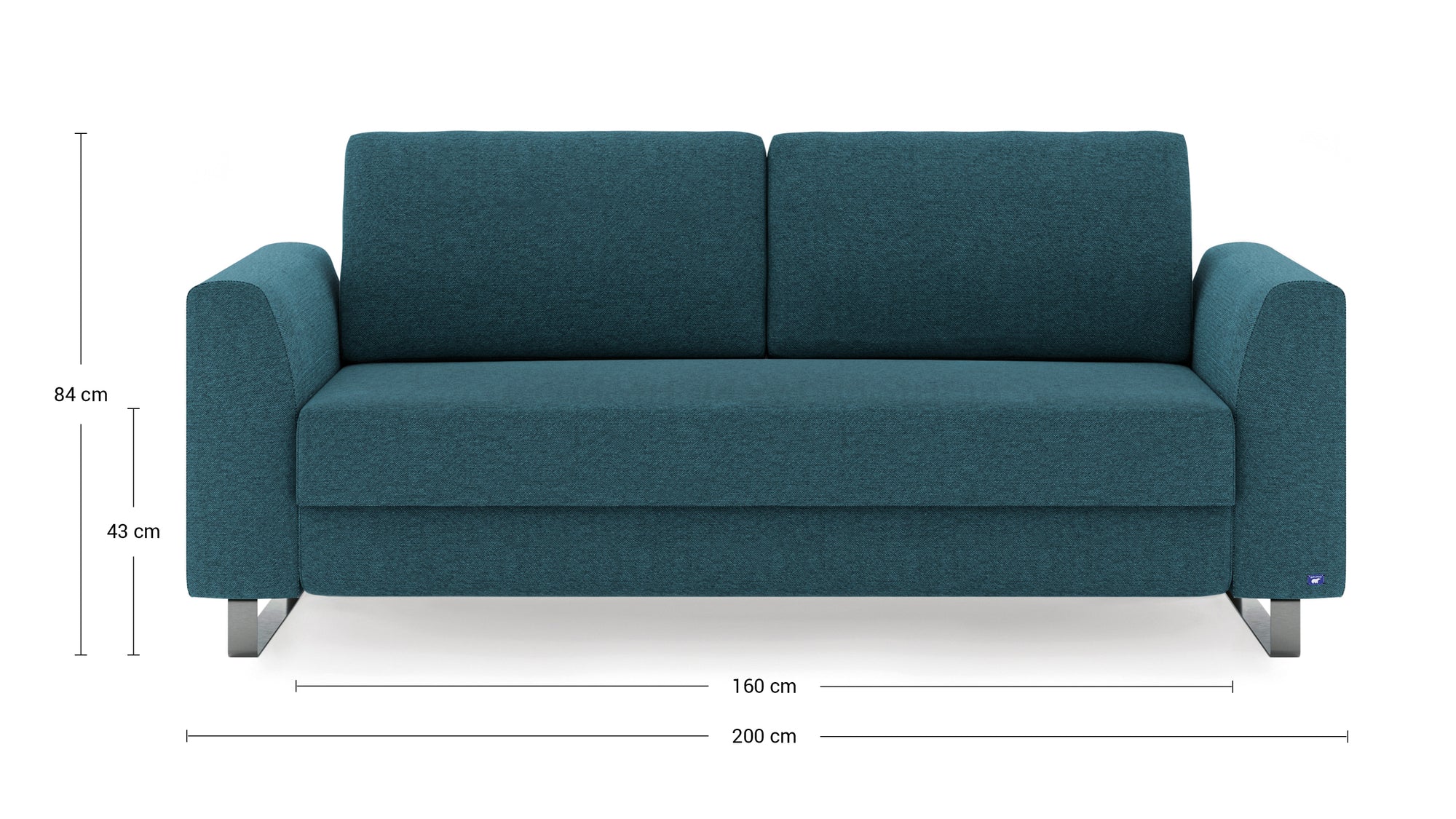 Schlafsofa von Bruno – 160 cm, in Türkis, Klassik-Armlehnen, Metallfüße