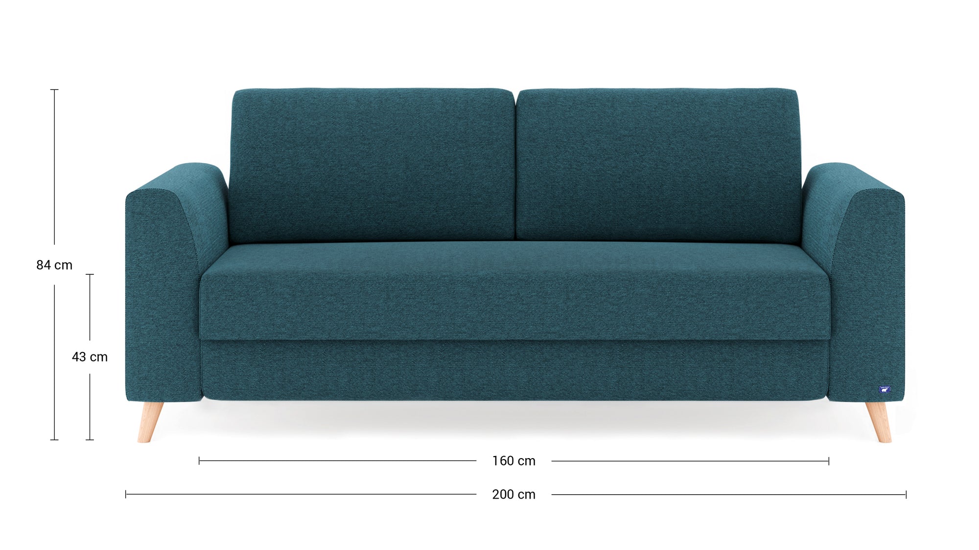 Schlafsofa von Bruno – 160 cm, in Türkis, Klassik-Armlehnen, Holzfüße