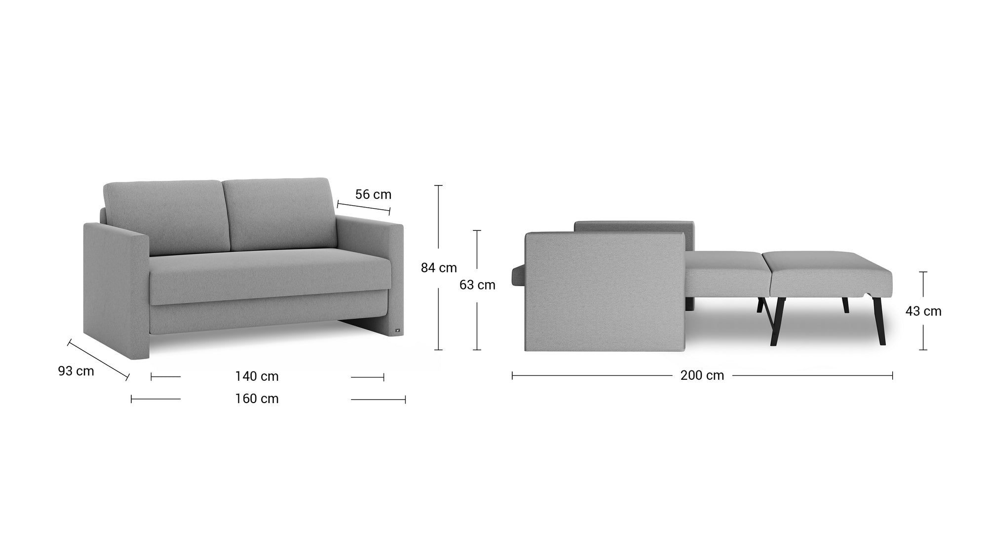 Schlafsofa von Bruno – 140 cm, schmale Armlehnen