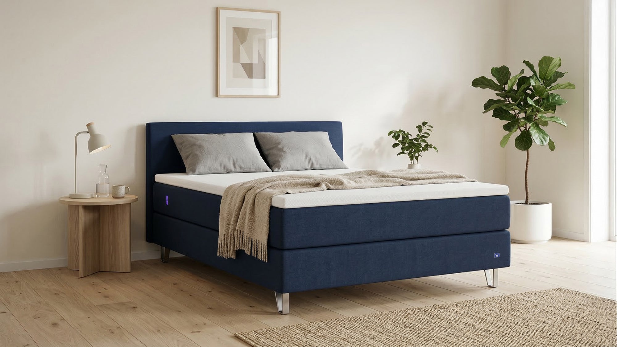 Boxspringbett Premium von Bruno – in Blau, Kurz-Kopfteil, Klassik-Armlehnen
