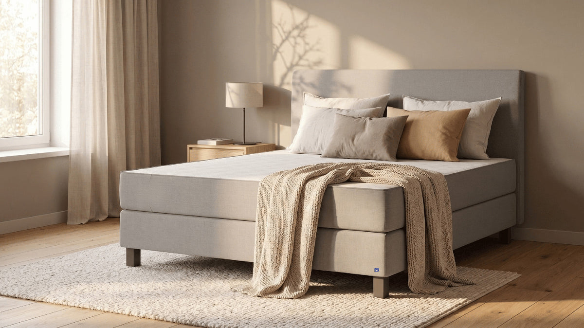 Boxspringbett Premium von Bruno – in Hellgrau, Klassik-Kopfteil, Klassik-Armlehnen