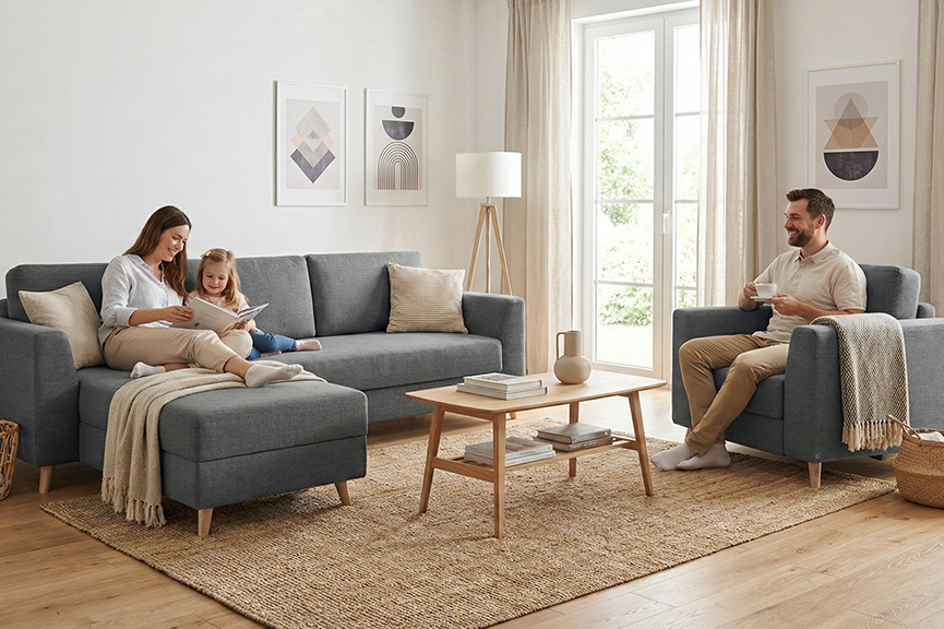 Ecksofa von Bruno – in Dunkelgrau, Klassik-Armlehnen, Holzfüße