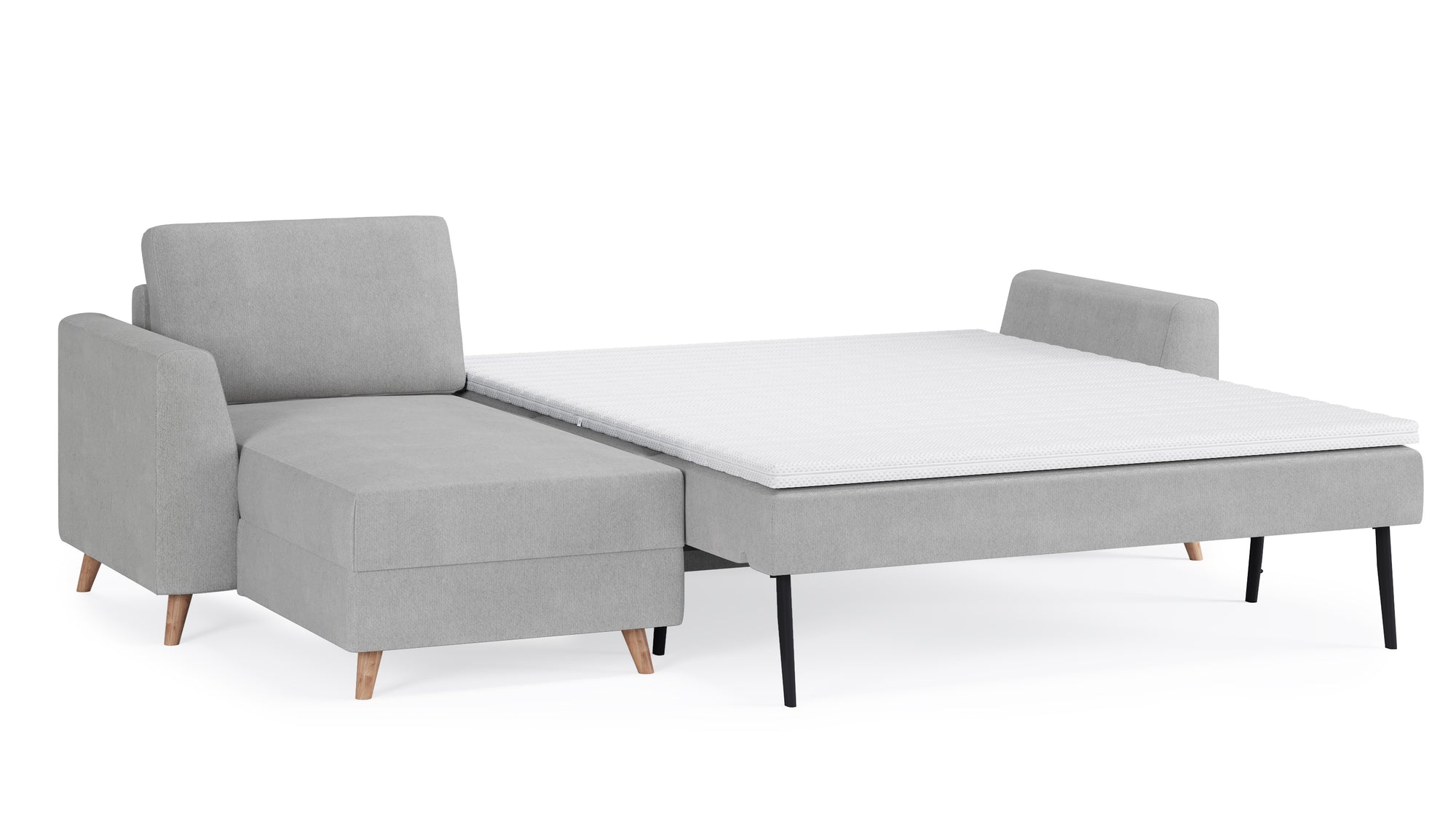 Schlafsofa von Bruno – 160 cm, in Hellgrau, Holzfüße