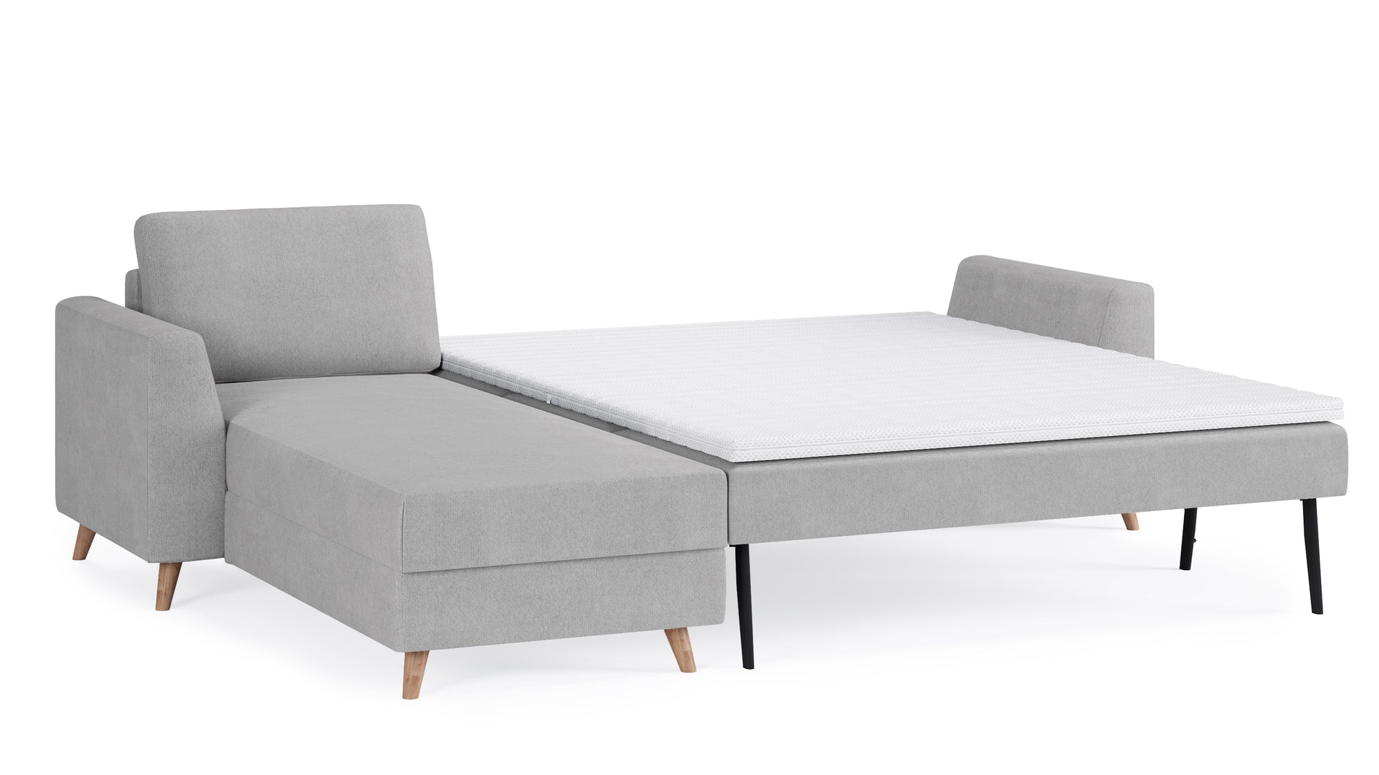 Schlafsofa von Bruno – 160 cm, in Hellgrau, Holzfüße