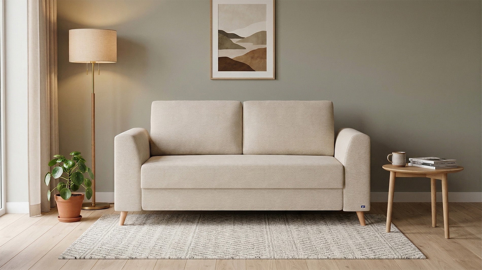 Schlafsofa von Bruno – 140 cm, in Beige, Klassik-Armlehnen, Holzfüße