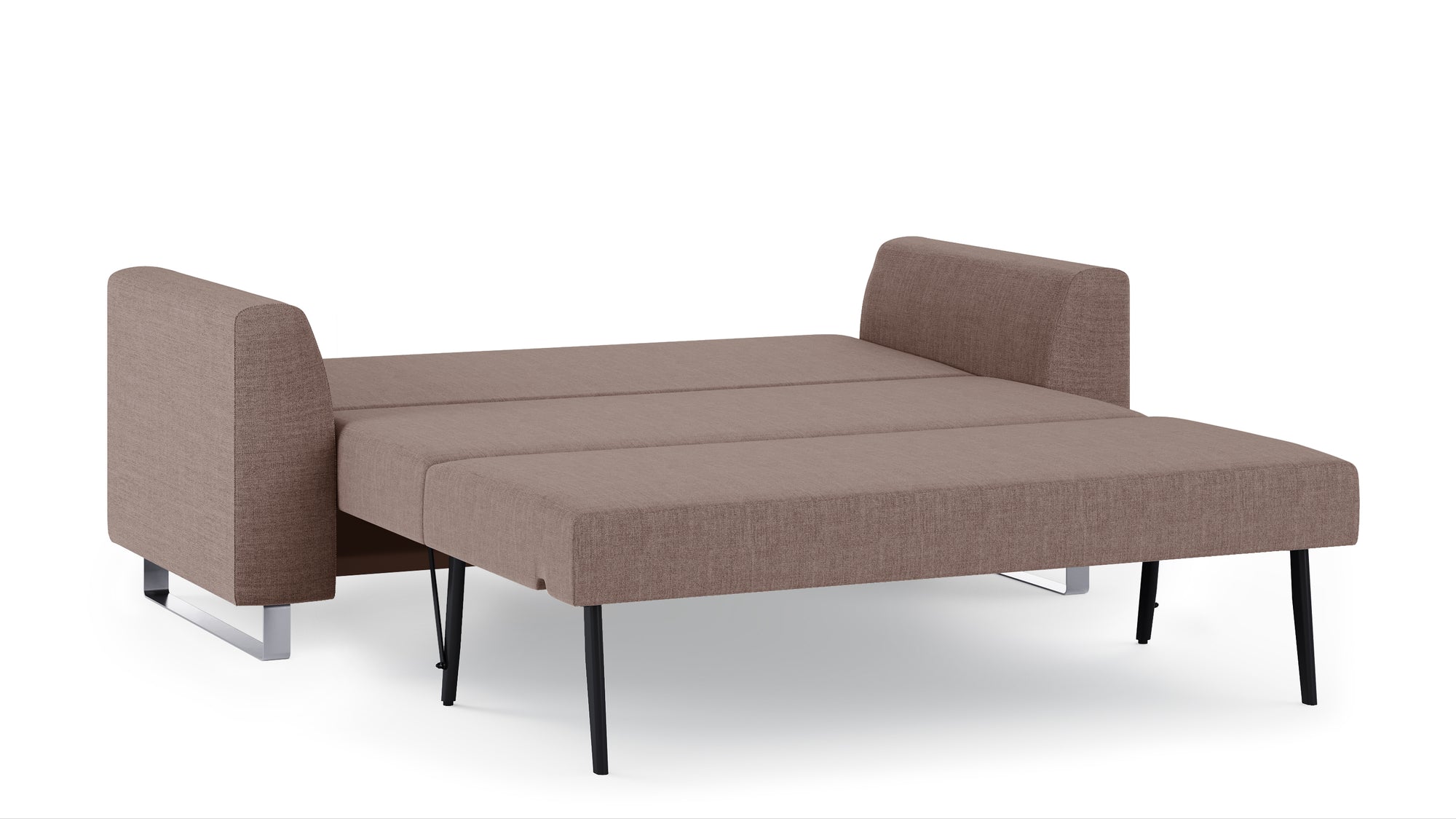 Schlafsofa von Bruno – 140 cm, in Braun, Klassik-Armlehnen, Metallfüße