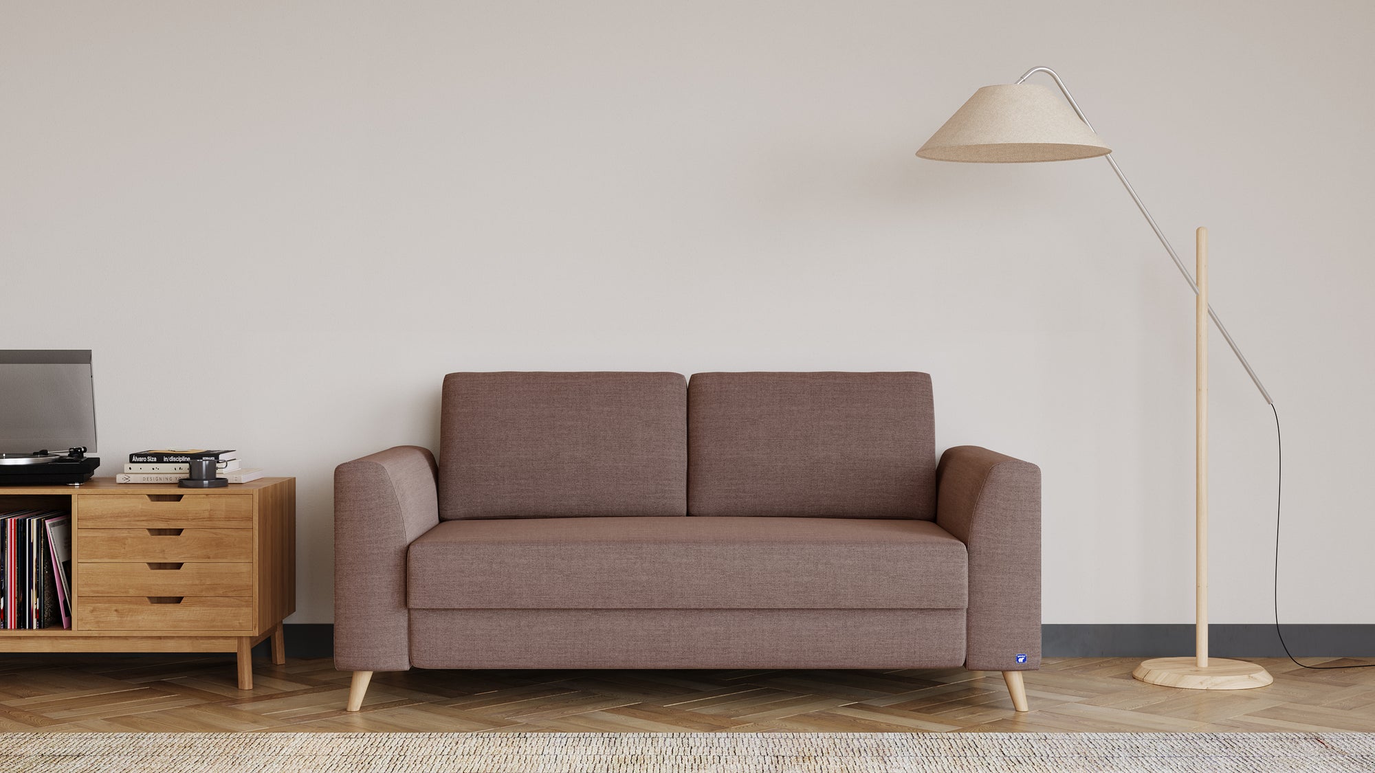 Schlafsofa von Bruno – 140 cm, in Braun, Klassik-Armlehnen, Holzfüße