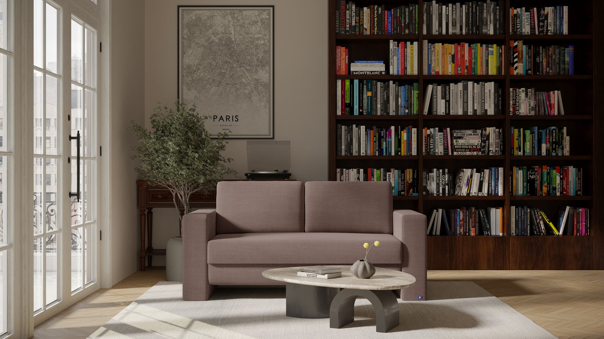 Schlafsofa von Bruno – 140 cm, in Braun, Kubus-Armlehnen