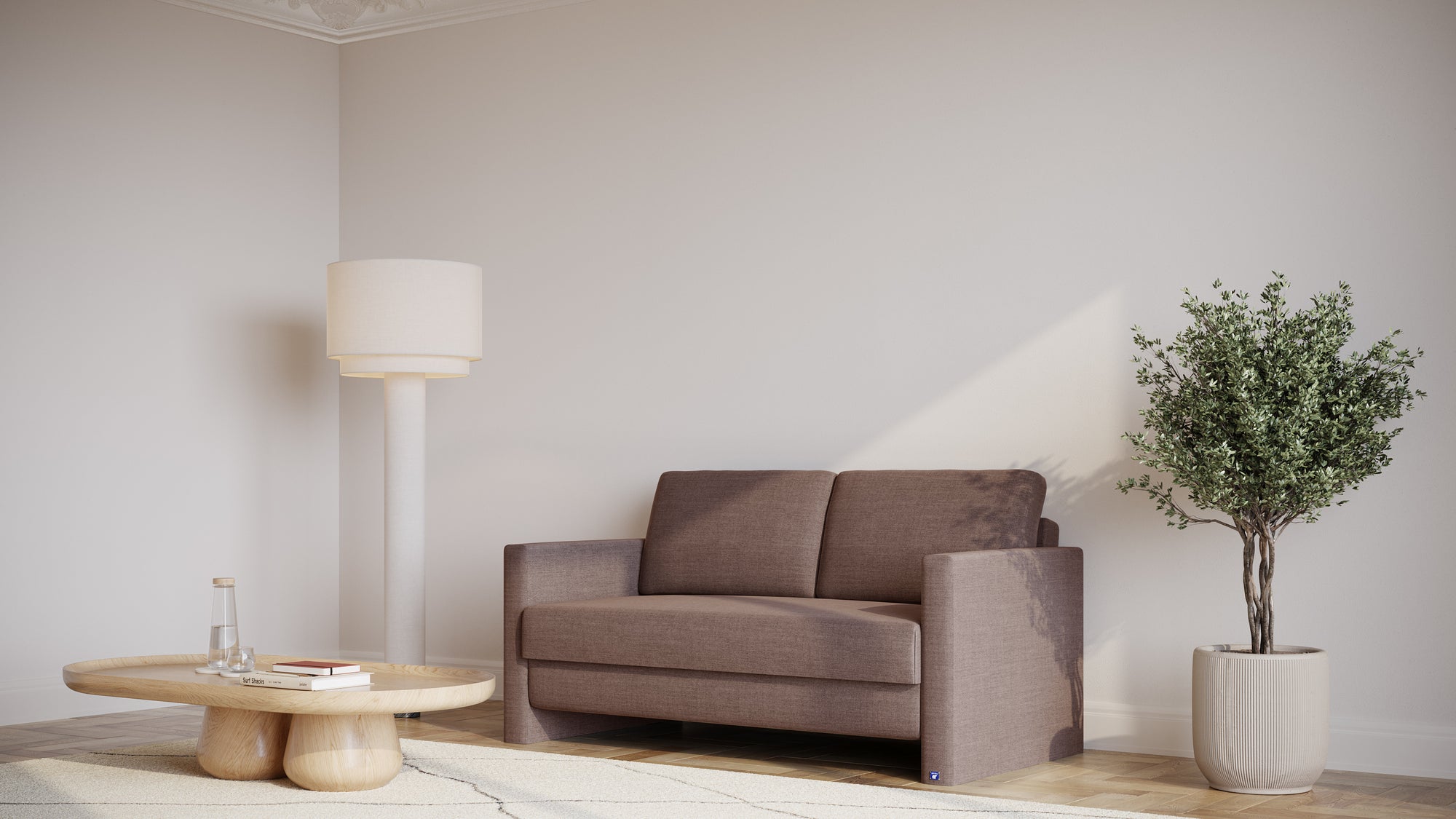 Schlafsofa von Bruno – 140 cm, in Braun, schmale Armlehnen
