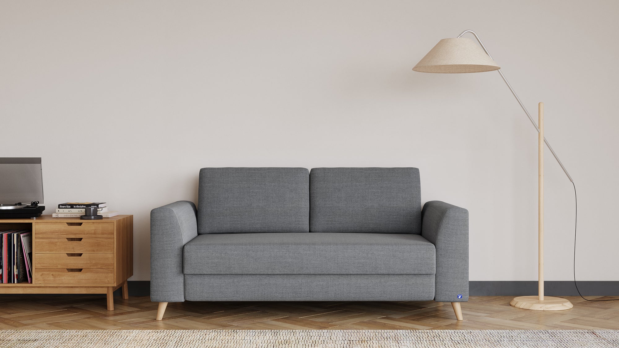 Schlafsofa von Bruno – 140 cm, in Dunkelgrau, Klassik-Armlehnen, Holzfüße