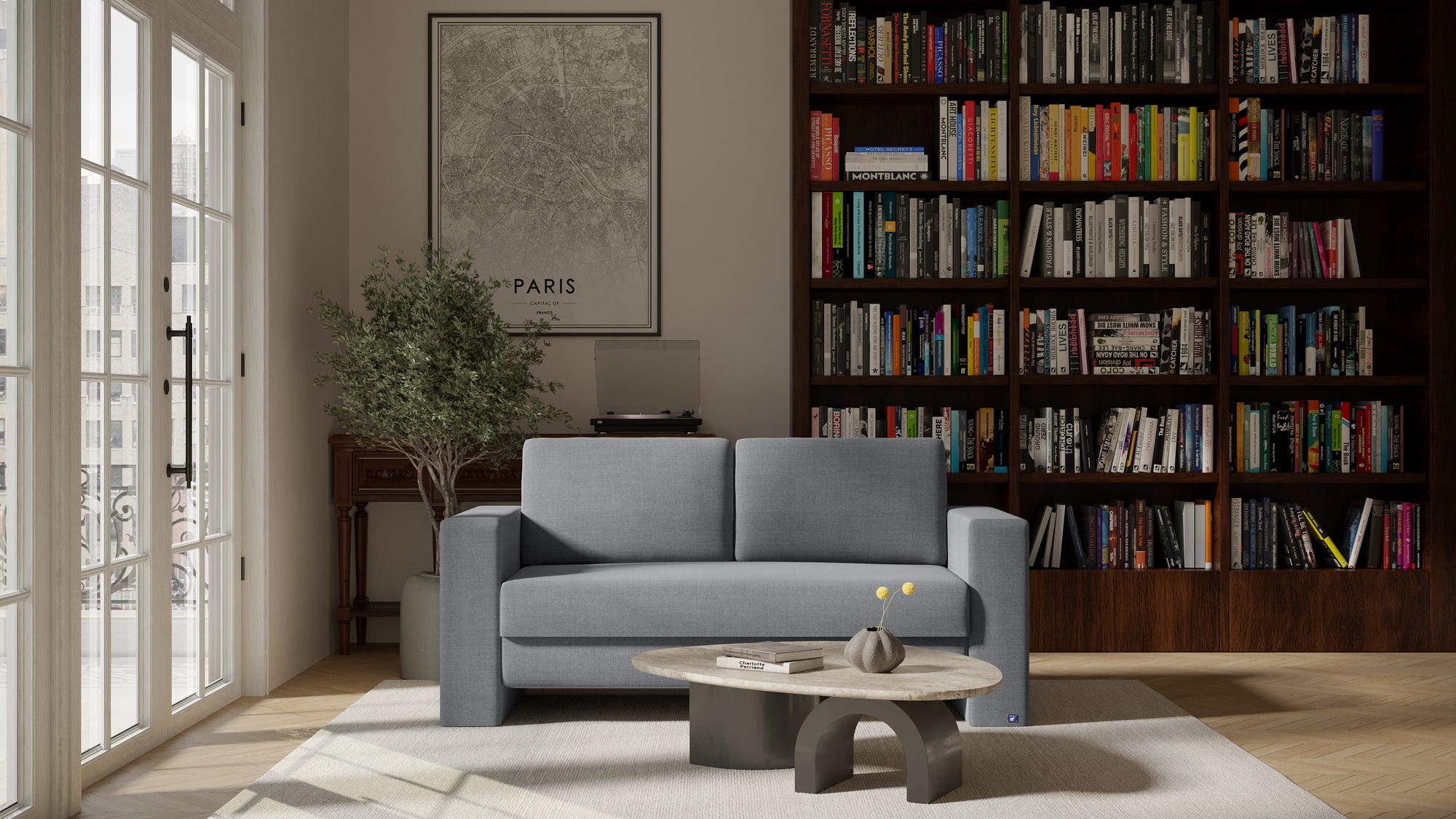 Schlafsofa von Bruno – 140 cm, in Dunkelgrau, Kubus-Armlehnen