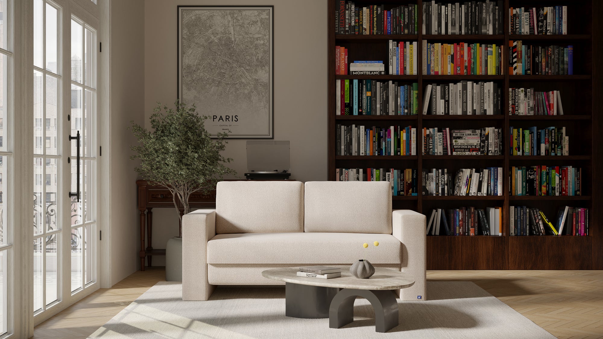 Schlafsofa von Bruno – 140 cm, in Glory Soft Beige, Kubus-Armlehnen