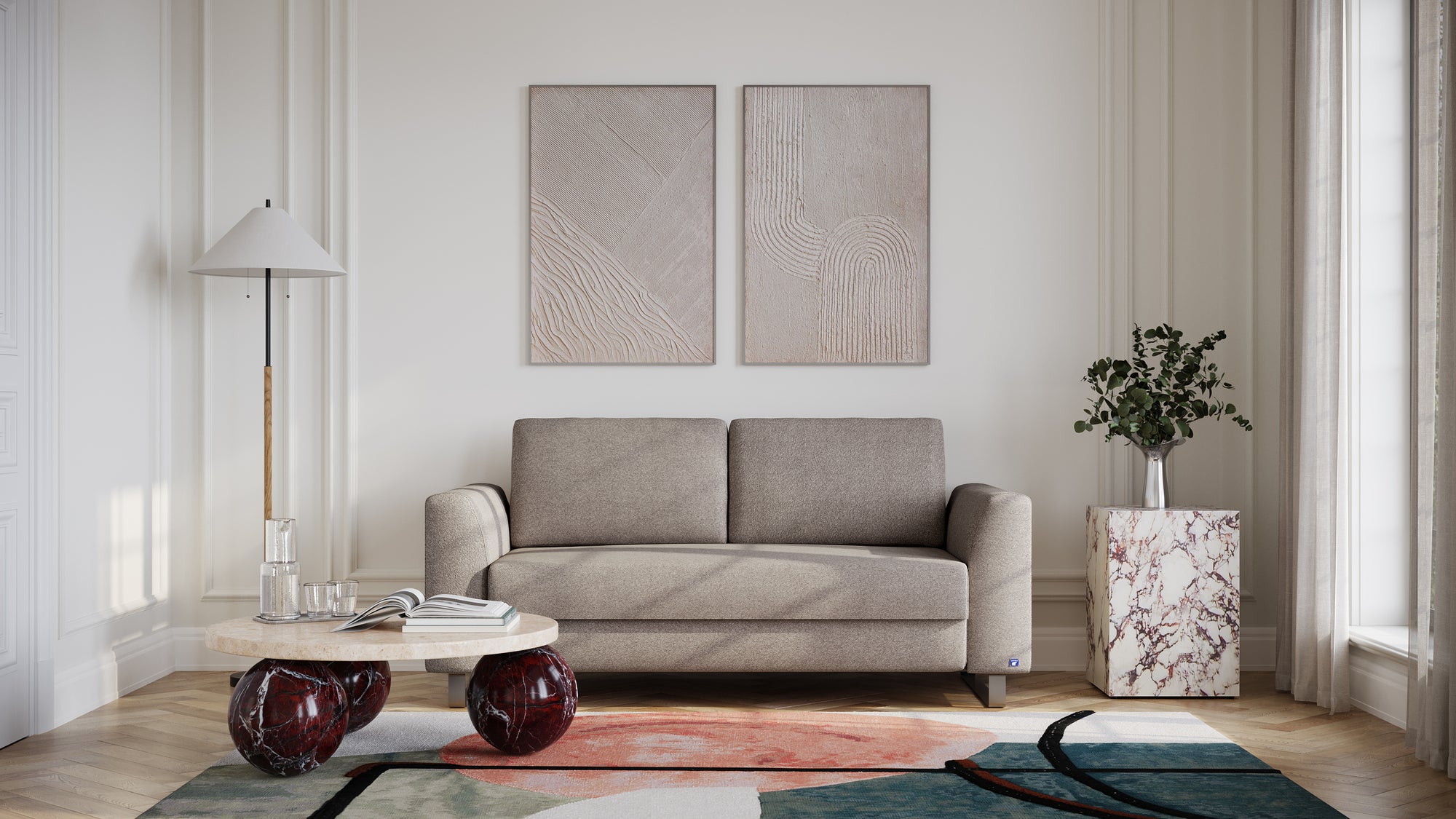 Schlafsofa von Bruno – 140 cm, in Glory Taupe, Klassik-Armlehnen, Metallfüße