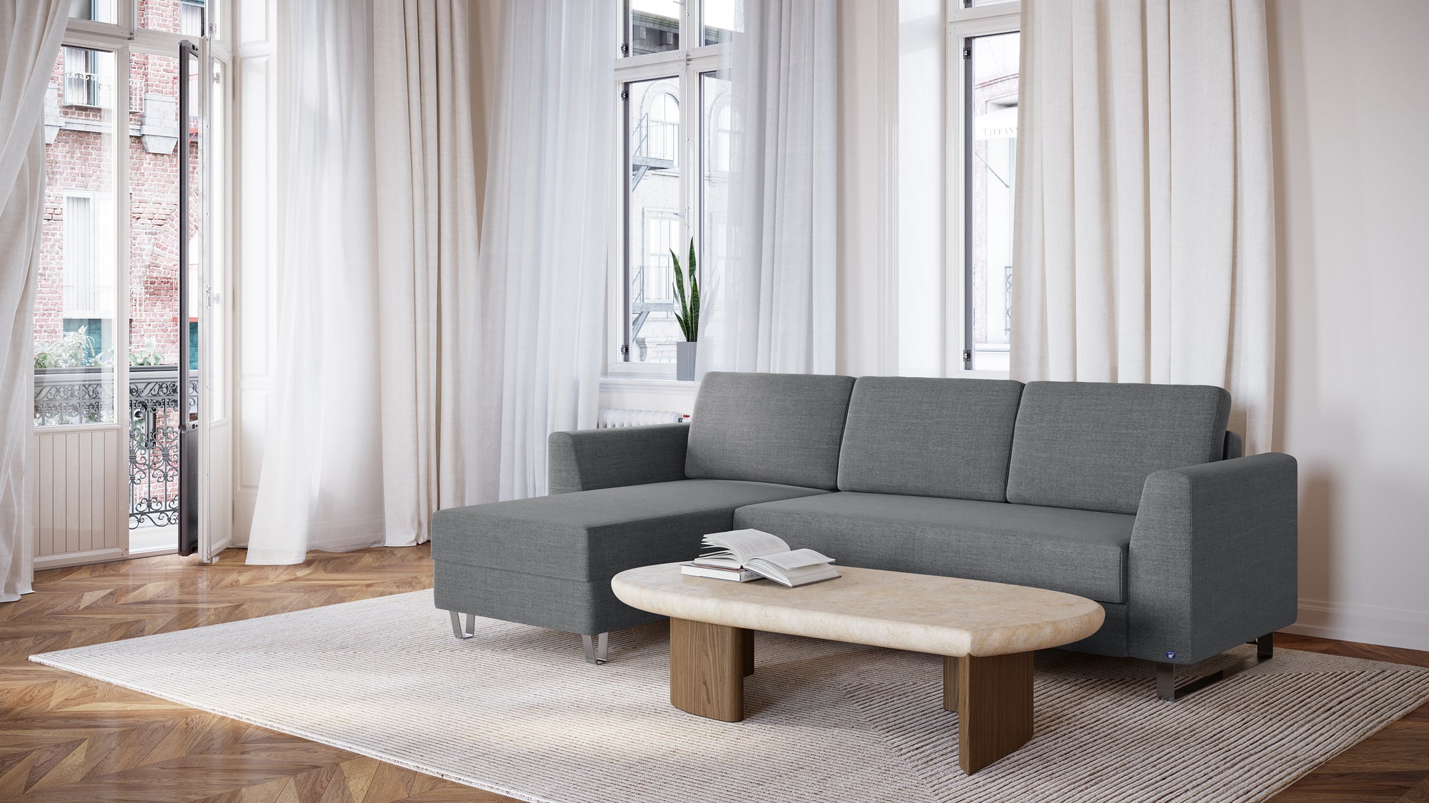 Schlafsofa von Bruno – 140 cm, in Dunkelgrau, Klassik-Armlehnen, Metallfüße