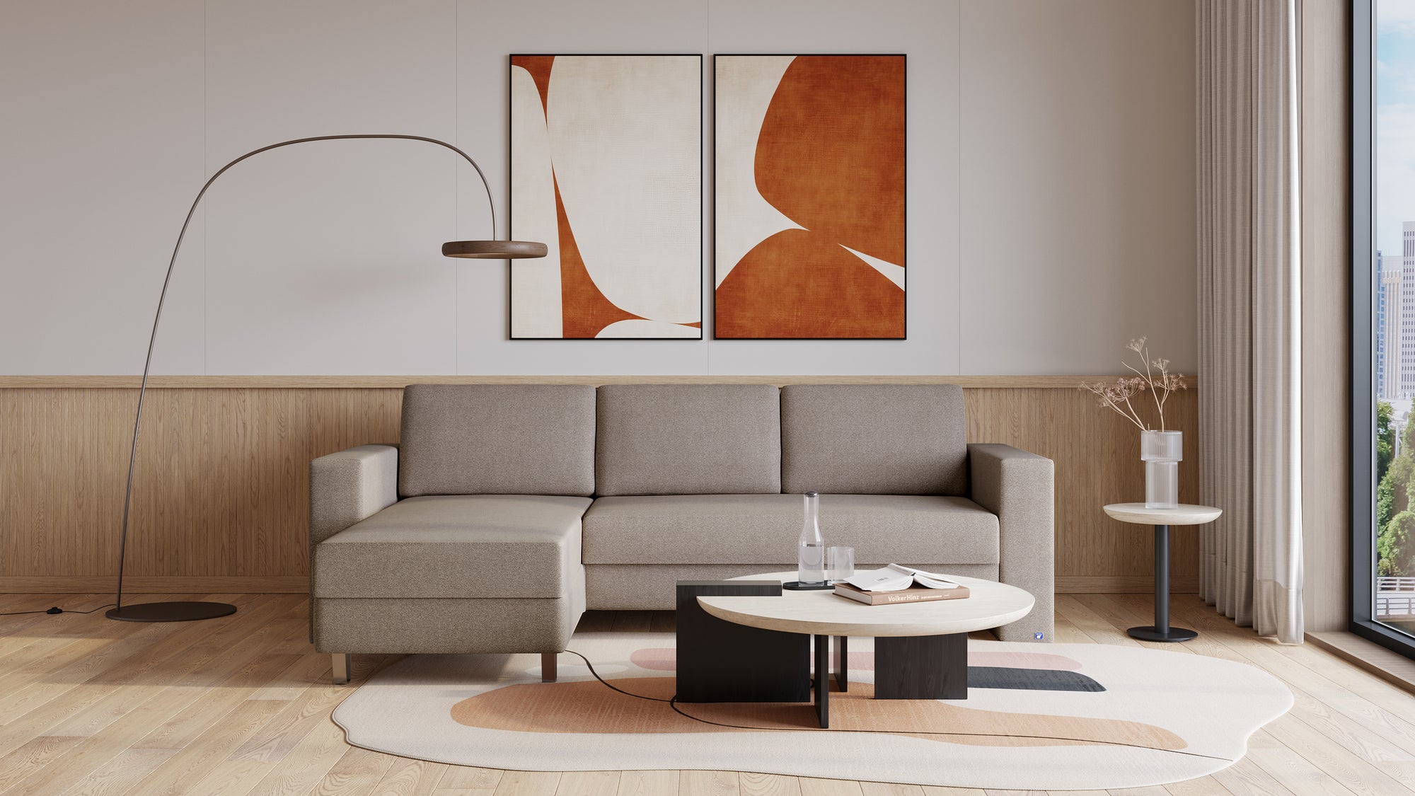 Schlafsofa von Bruno – 140 cm, in Glory Taupe, Kubus-Armlehnen