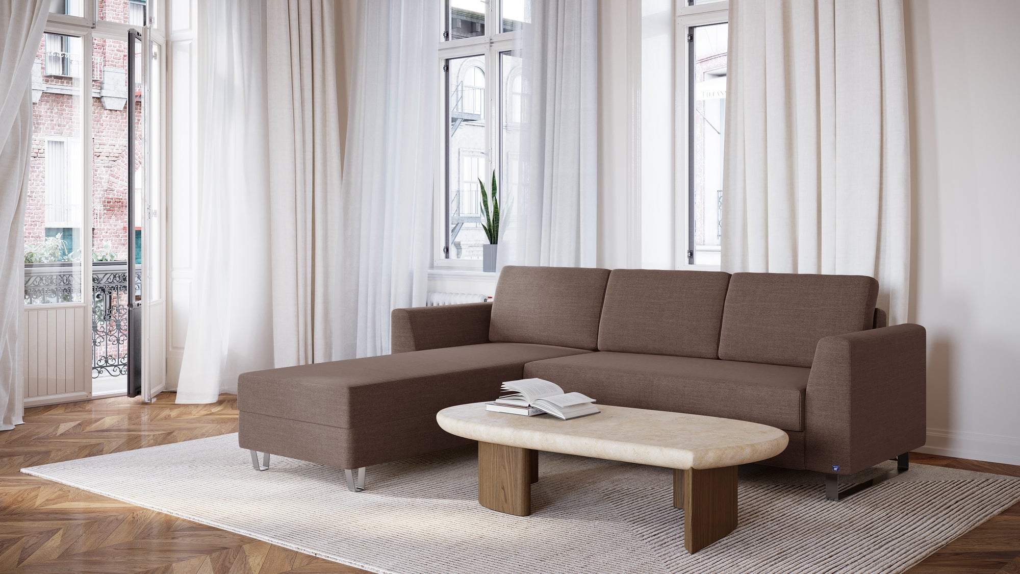 Schlafsofa von Bruno – 140 cm, in Braun, Klassik-Armlehnen, Metallfüße