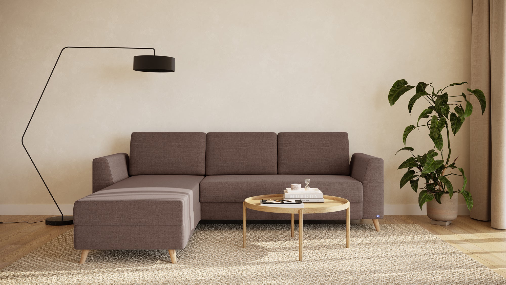 Schlafsofa von Bruno – 140 cm, in Braun, Klassik-Armlehnen, Holzfüße