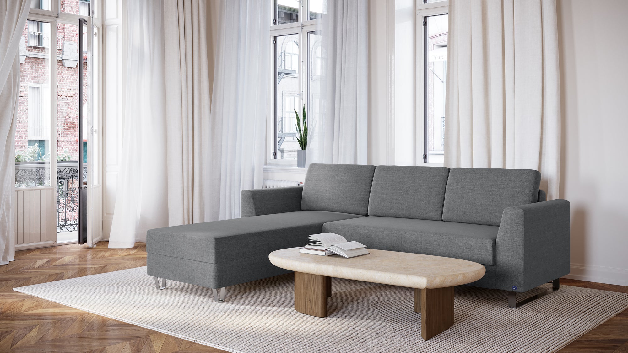 Schlafsofa von Bruno – 140 cm, in Dunkelgrau, Klassik-Armlehnen, Metallfüße