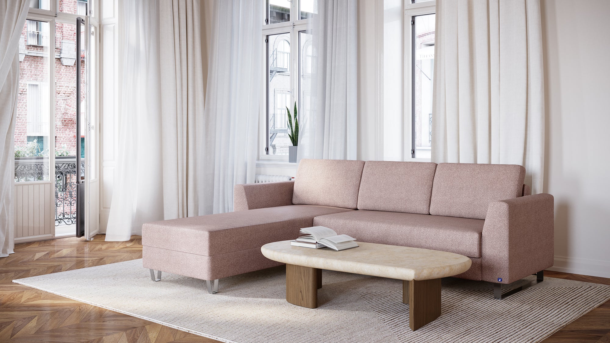 Schlafsofa von Bruno – 140 cm, in Glory Blush, Klassik-Armlehnen, Metallfüße