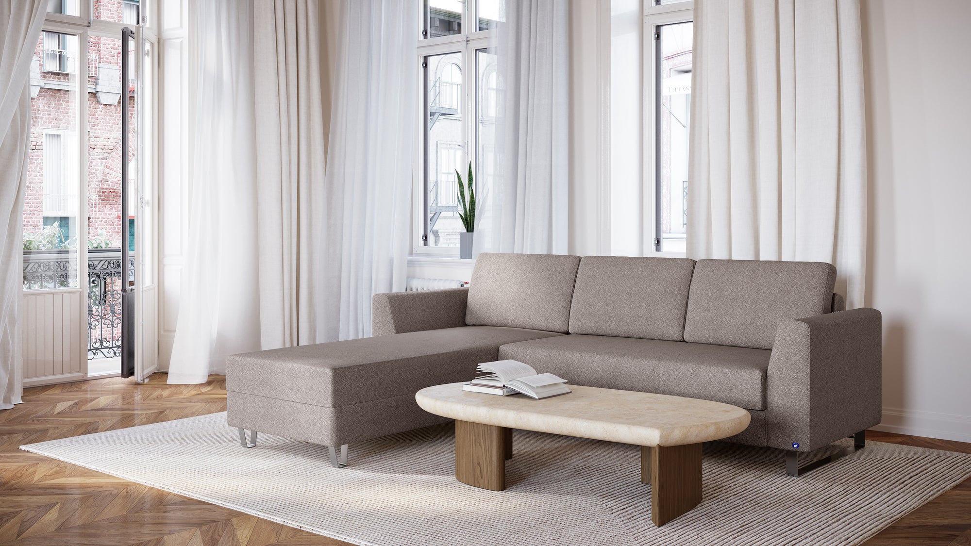 Schlafsofa von Bruno – 140 cm, in Glory Taupe, Klassik-Armlehnen, Metallfüße