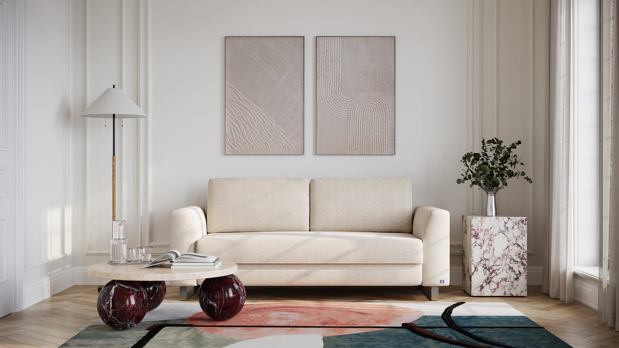 Schlafsofa von Bruno – 160 cm, in Glory Soft Beige, Klassik-Armlehnen, Metallfüße