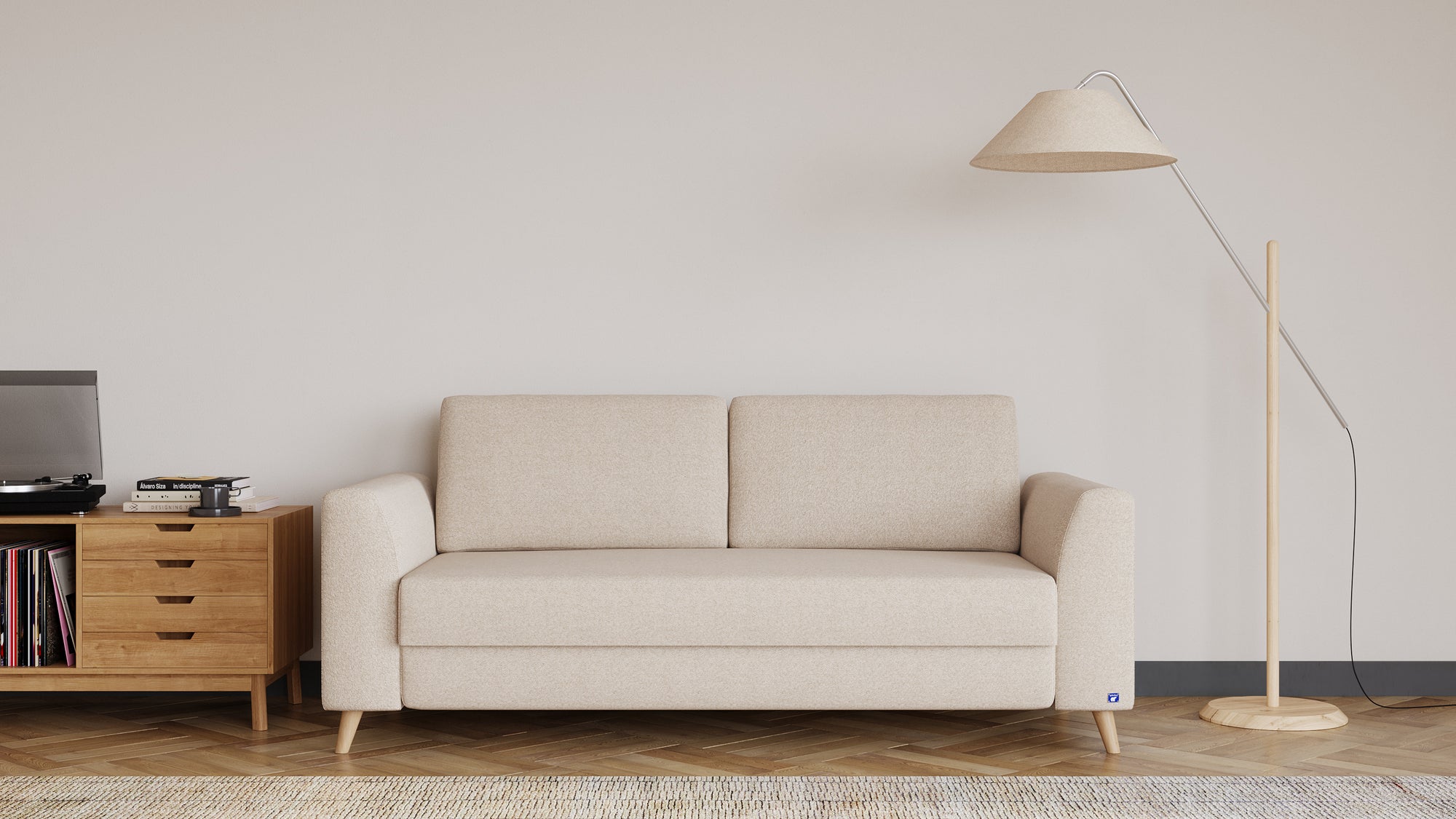 Schlafsofa von Bruno – 160 cm, in Glory Soft Beige, Klassik-Armlehnen, Holzfüße