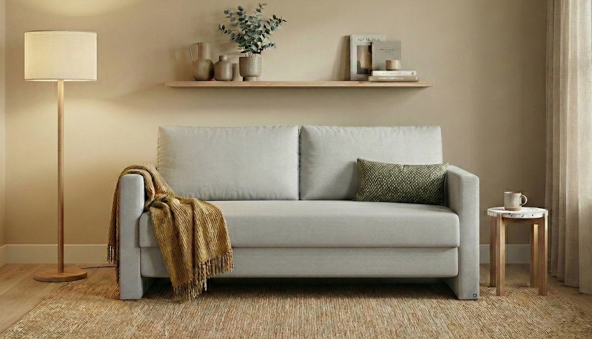 Schlafsofa von Bruno – 160 cm, in Hellgrau, schmale Armlehnen
