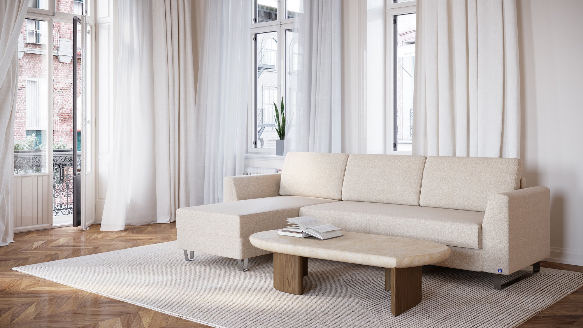 Schlafsofa von Bruno – 160 cm, in Glory Soft Beige, Klassik-Armlehnen, Metallfüße