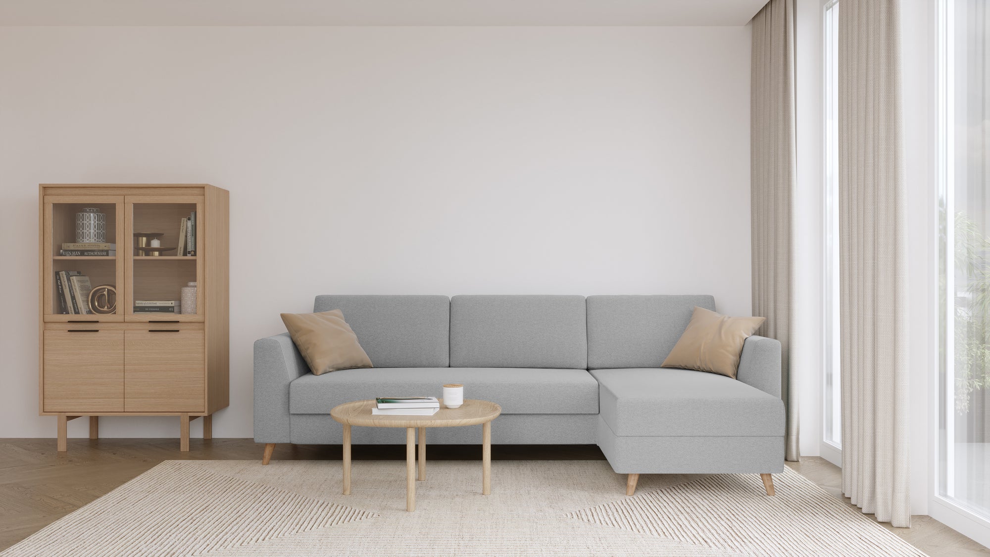 Schlafsofa von Bruno – 160 cm, in Hellgrau, Klassik-Armlehnen, Holzfüße