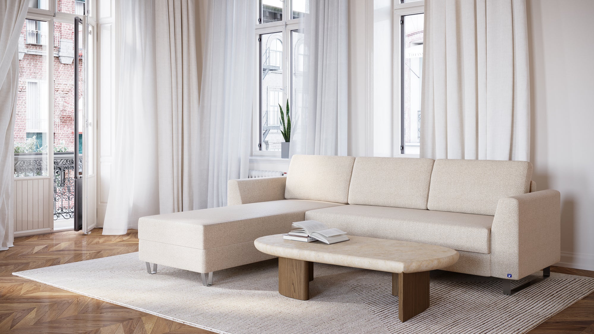 Schlafsofa von Bruno – 160 cm, in Glory Soft Beige, Klassik-Armlehnen, Metallfüße