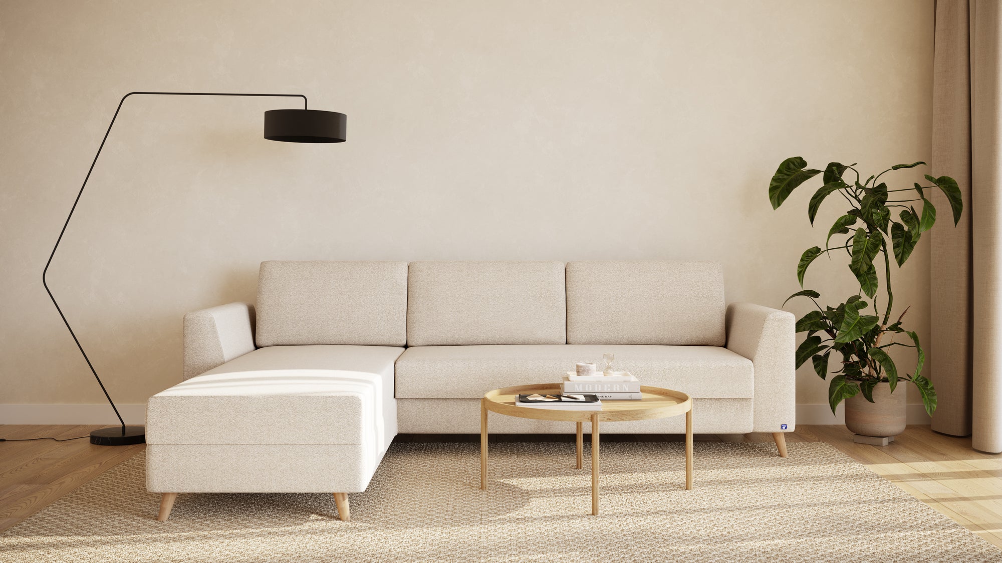 Schlafsofa von Bruno – 160 cm, in Glory Soft Beige, Klassik-Armlehnen, Holzfüße