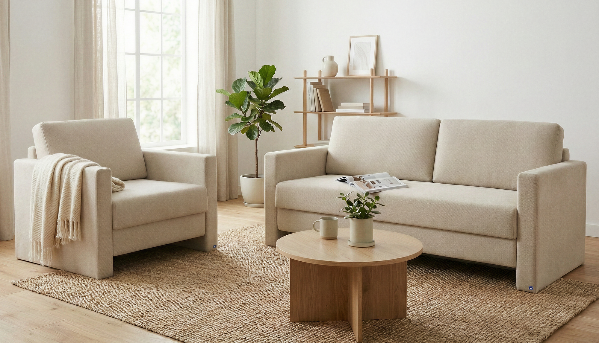 Schlafsofa von Bruno – in Beige, schmale Armlehnen